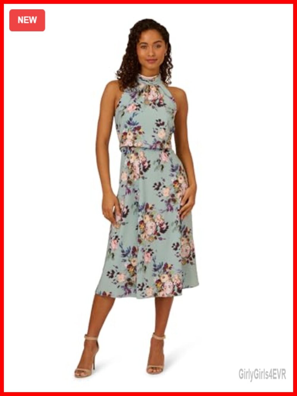 Sleeveless Halter Midi Dress Floral Chiffon Blouson